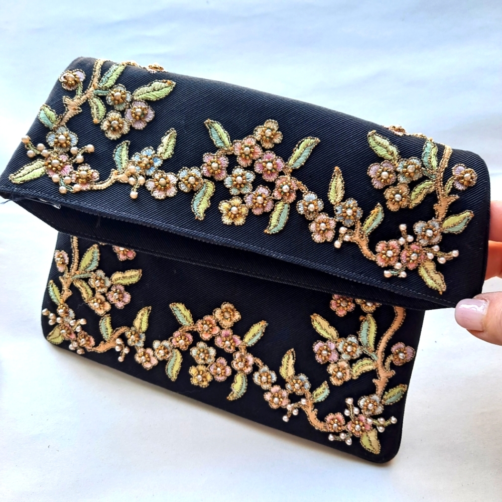 Authentic Marketa Vintage 70s Beaded Embroidered Black Hand Bag Evening Clutch